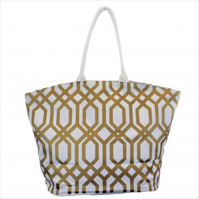 9200 - WHITE & GOLD TRELLIS DESIGN CANVAS TOTE BAG